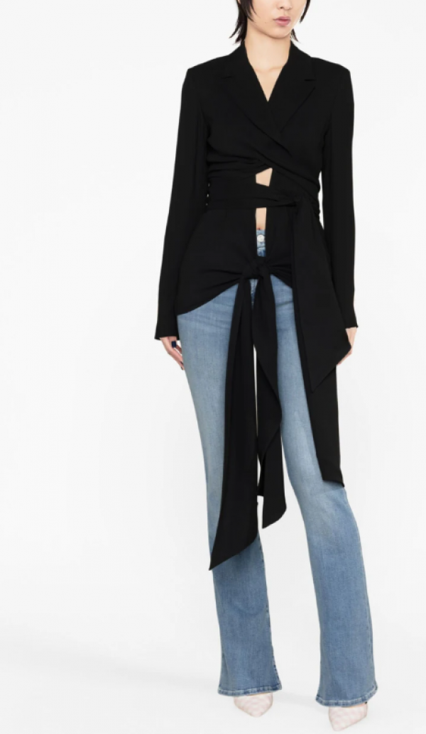 Jas wanita dengan detail tali ikat di bagian pinggang dan potongan panjang